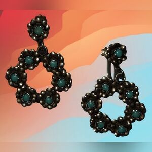 Gorgeous Vintage Turquoise Floral Wreath Screw Back Earrings In Mexican Silver